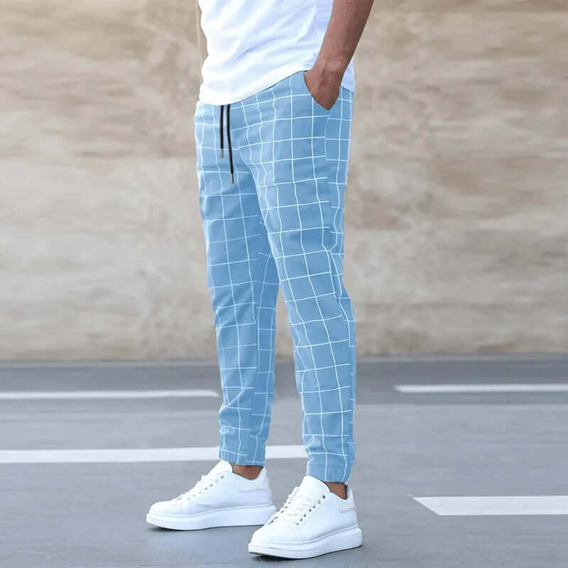 Men's Slim Fit Joggers: Grid Pattern, Elastic Waistband
