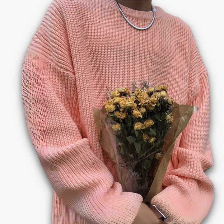Dark green men's oversized knit sweater, soft acrylic, ribbed texture, cozy winter wear, casual elegance, warm menswear.