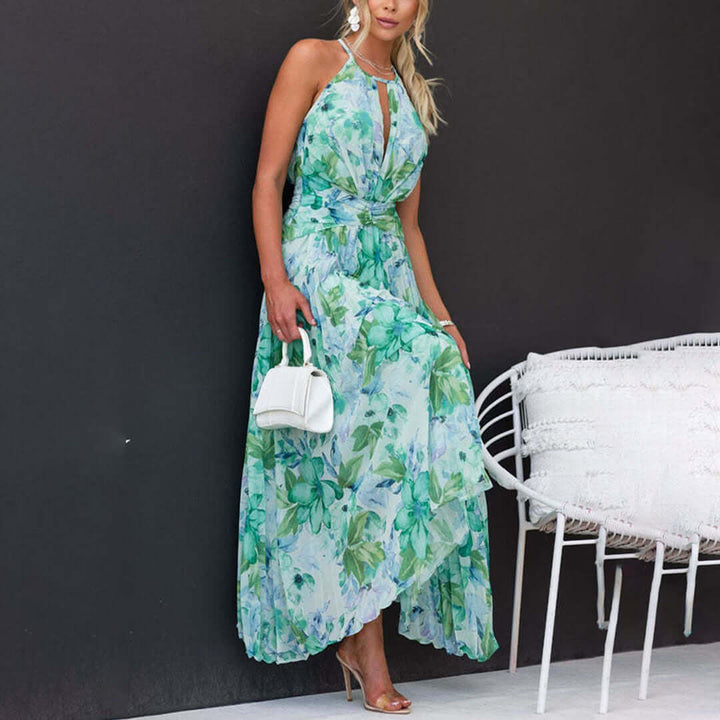 Floral Halter Maxi Dress - Flowing Fit