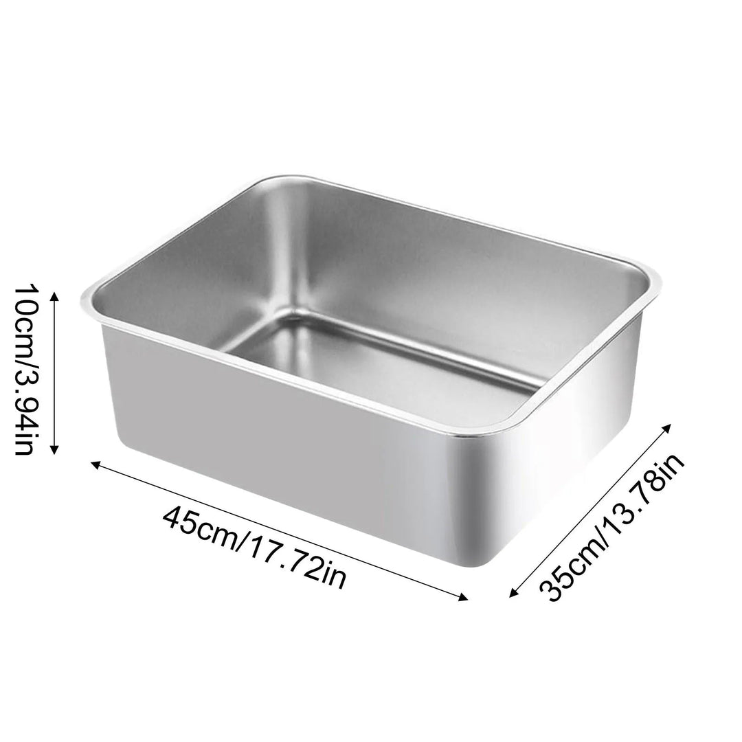 "Deep-sided stainless steel cat litter tray with splash-proof sides, rustproof, odour-resistant, sleek design, pet supplies."