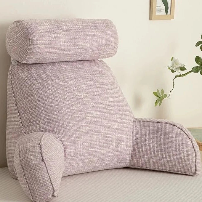 "Deluxe backrest pillow with arms and headrest in cream, featuring a soft-touch finish and side pocket for added convenience.