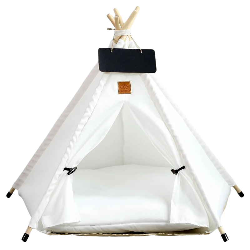 "Deluxe canvas pet teepee in gray triangles, pristine white, or sunny yellow for cats and dogs with pine poles and soft mat."