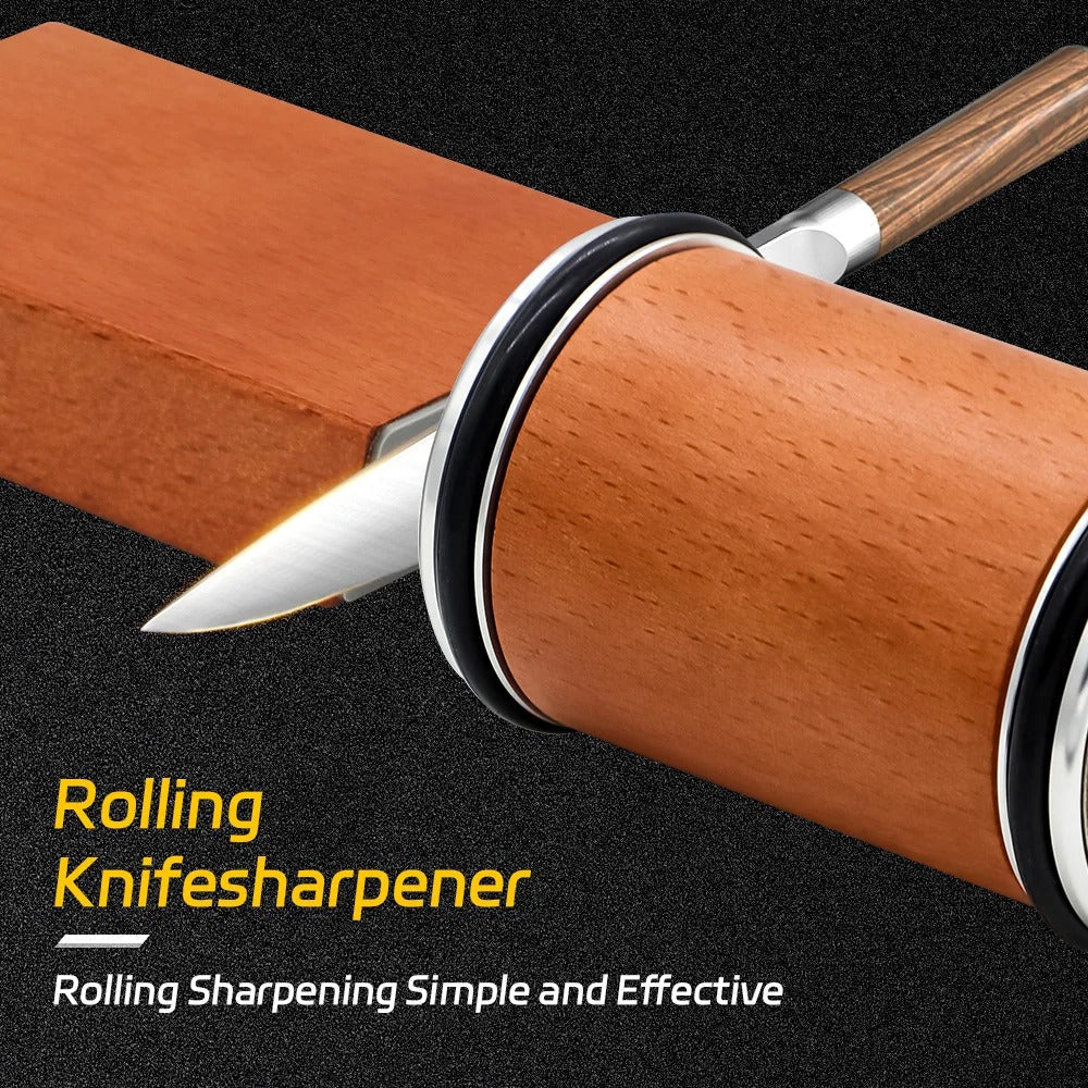"Diamond coated rolling knife sharpener with magnetic base, ergonomic design, ensures precise blade honing in the kitchen."