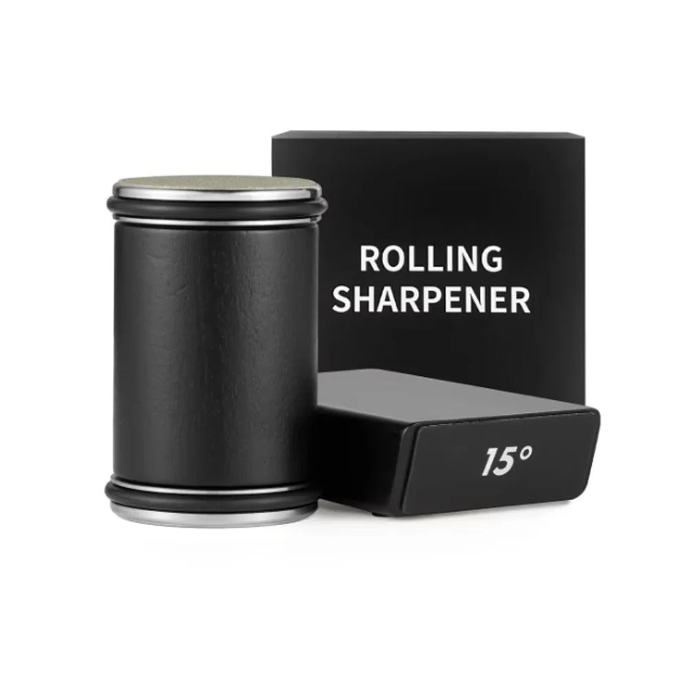 "Diamond coated rolling knife sharpener with magnetic base, ergonomic design, ensures precise blade honing in the kitchen."