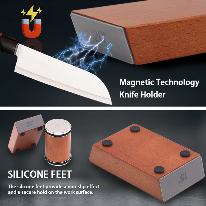 "Diamond coated rolling knife sharpener with magnetic base, ergonomic design, ensures precise blade honing in the kitchen."
