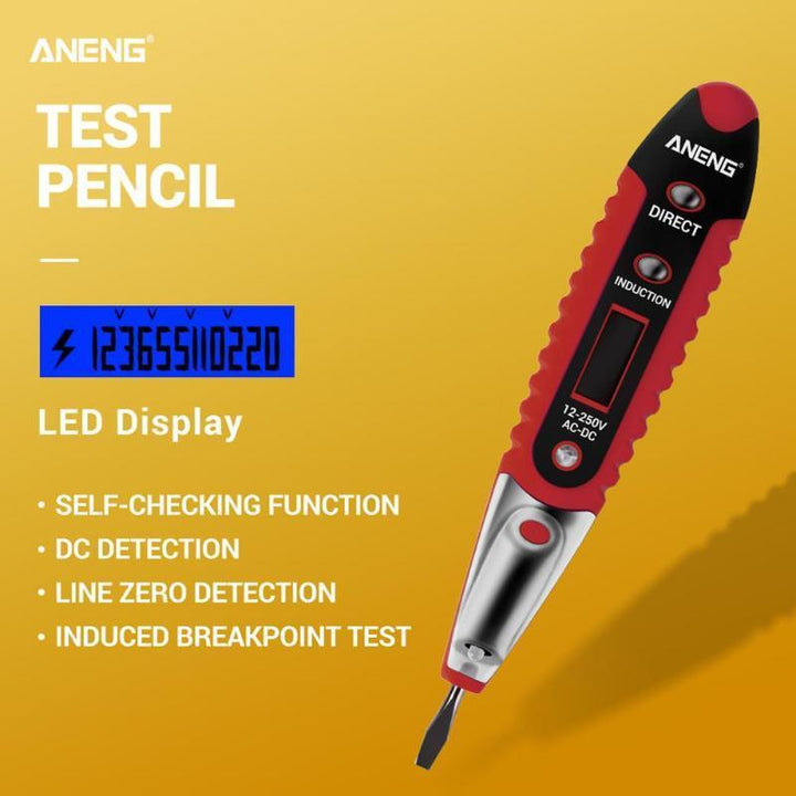Digital electric test pen with LCD display, LED light; detects AC/DC voltage, compact design, suitable for any workspace.