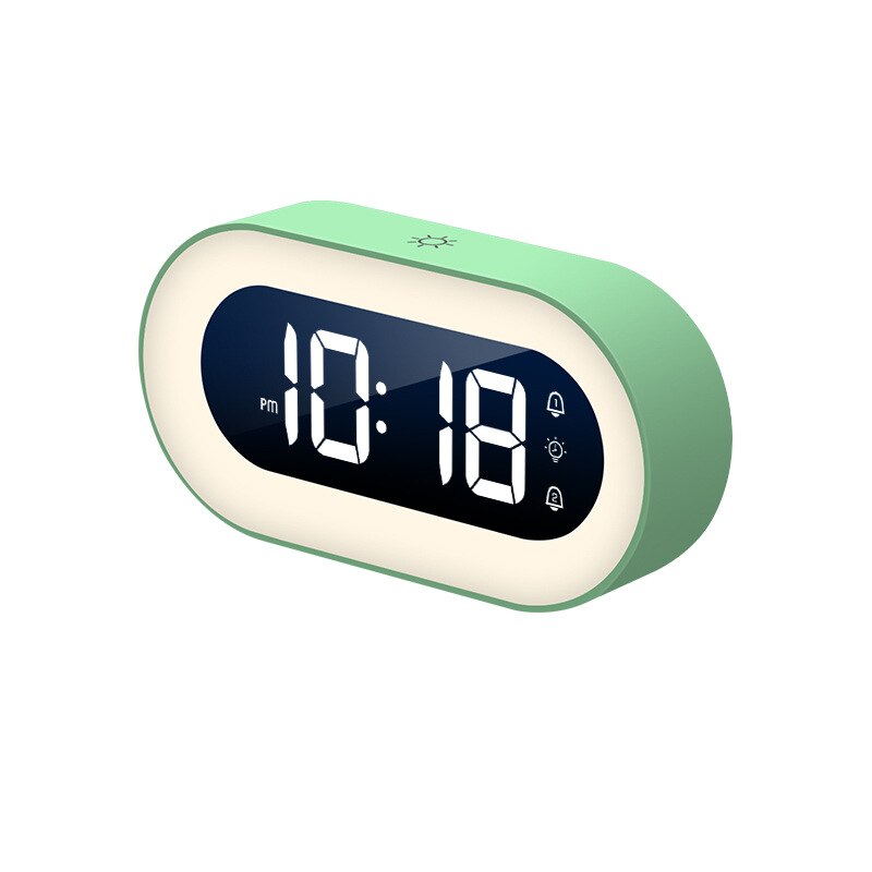 Sleek digital alarm clock with soft dimmable night light, ideal for a modern bedroom.