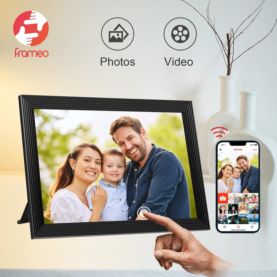 "Digital photo frame with Wi-Fi, HD display, faux black wood design, showcasing photos and videos for home decor tech."