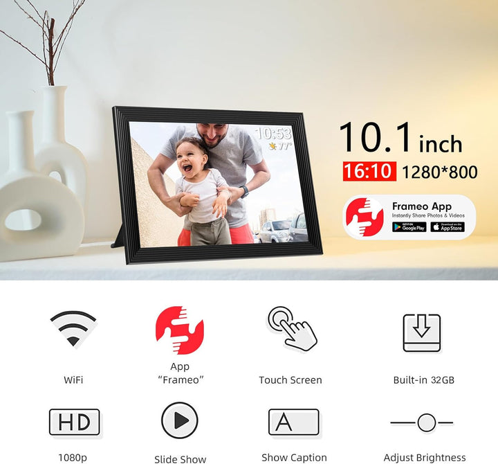 "Digital photo frame with Wi-Fi, HD display, faux black wood design, showcasing photos and videos for home decor tech."