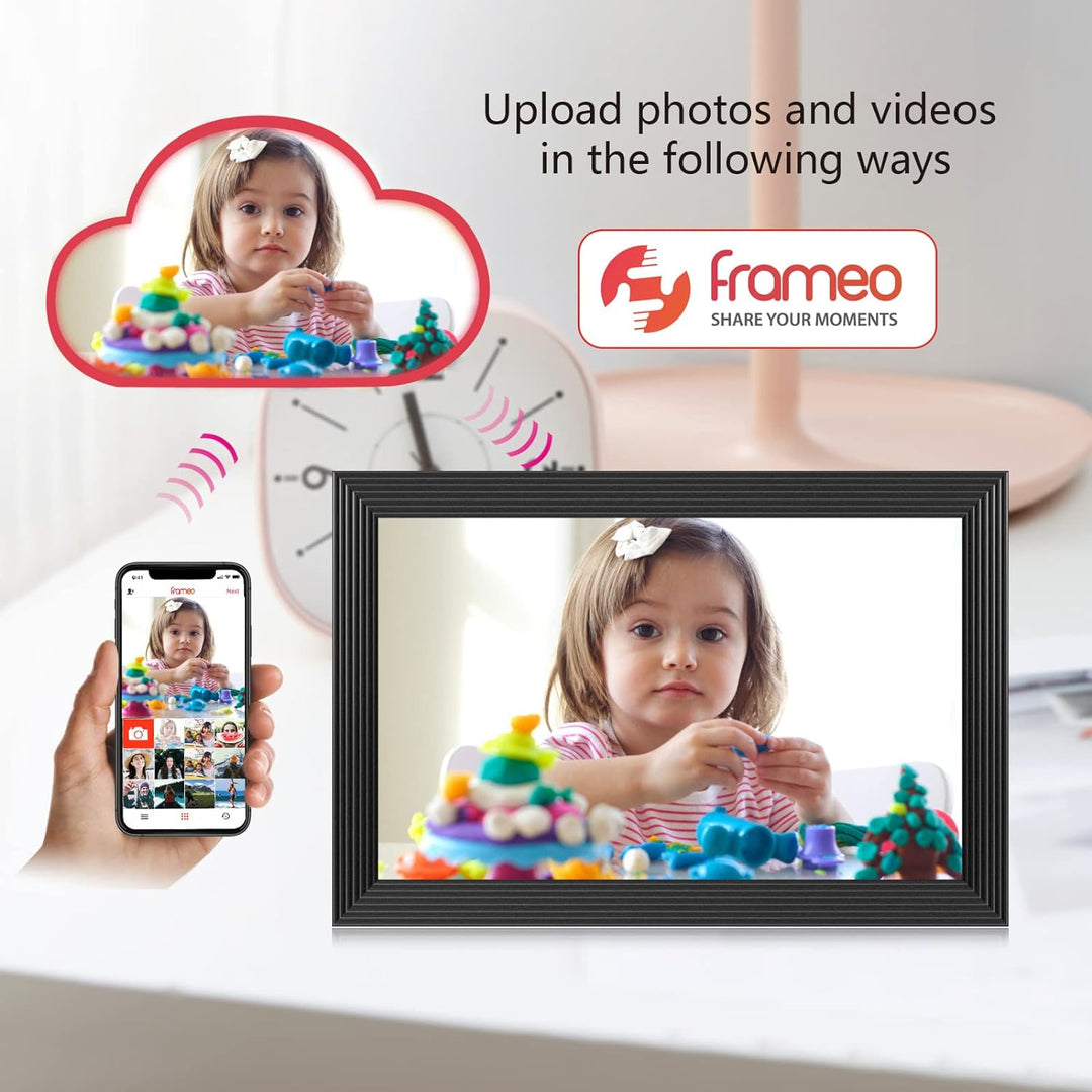 "Digital photo frame with Wi-Fi, HD display, faux black wood design, showcasing photos and videos for home decor tech."