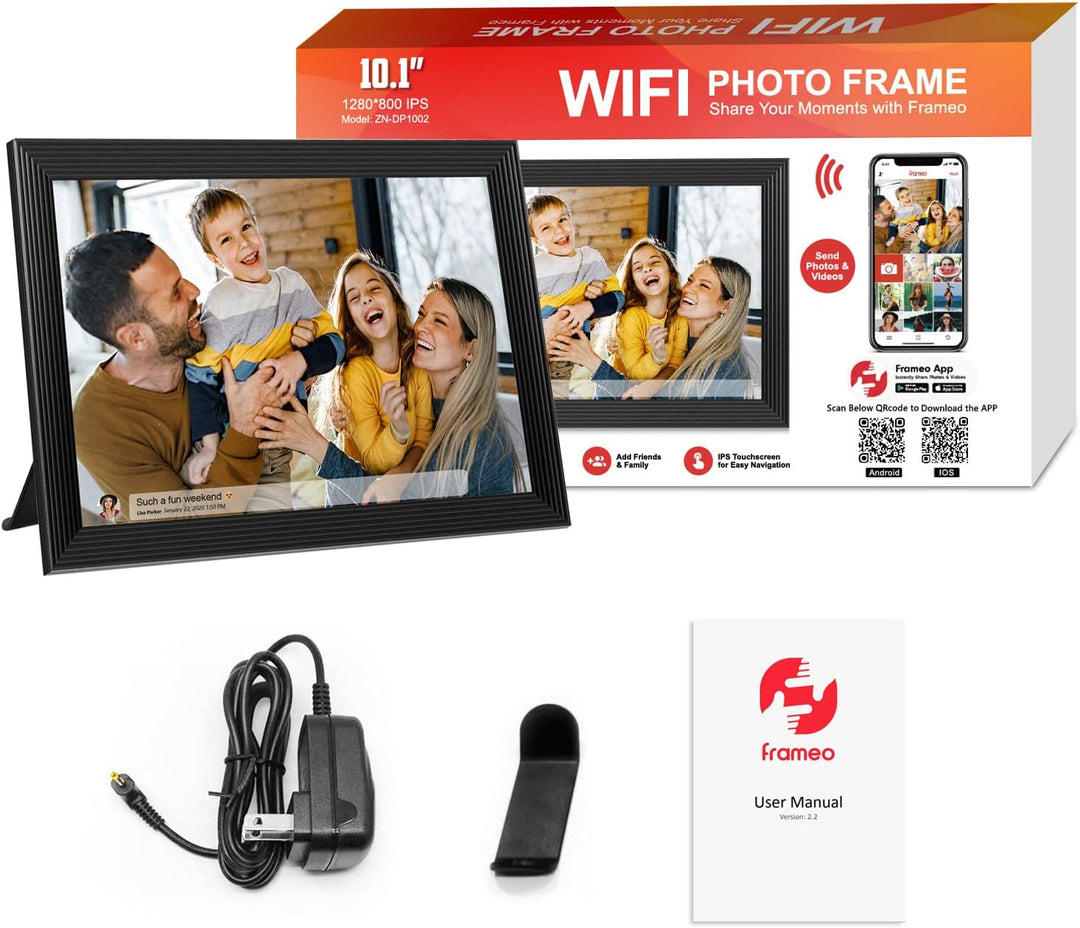 "Digital photo frame with Wi-Fi, HD display, faux black wood design, showcasing photos and videos for home decor tech."