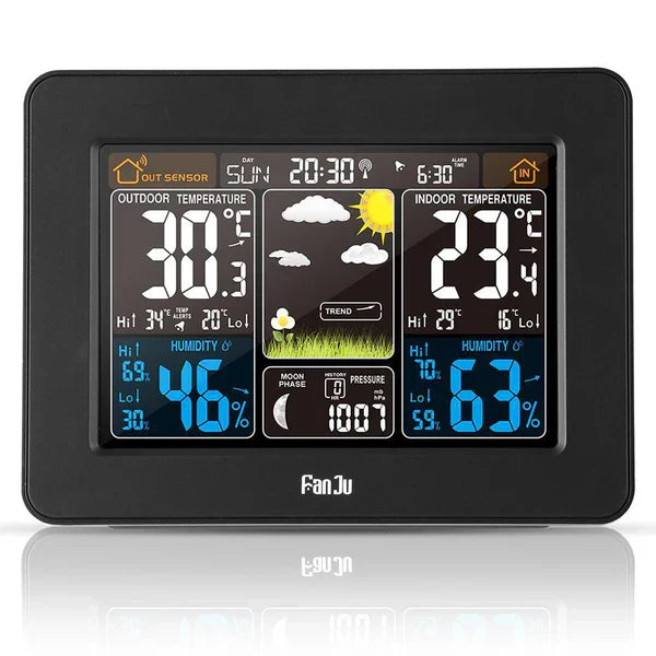 "Digital wireless home weather station with LCD screen showing temperature, humidity, and forecast icons; modern design."