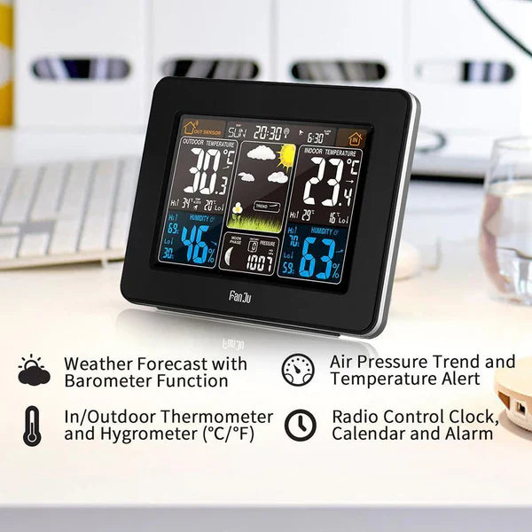 "Digital wireless home weather station with LCD screen showing temperature, humidity, and forecast icons; modern design."