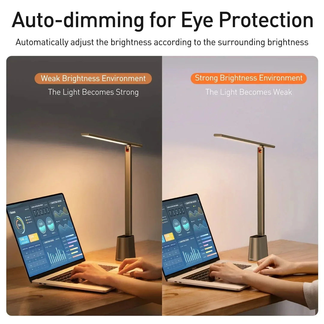 "Dimmable grey and white LED desk lamp with 180° rotation and foldable design for home or office use."