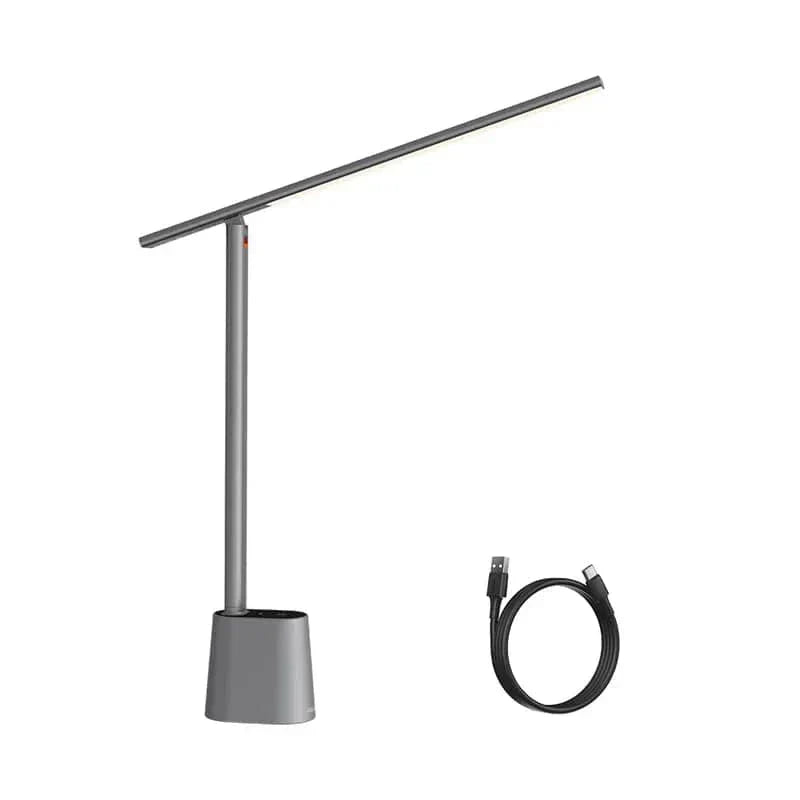 "Dimmable grey and white LED desk lamp with 180° rotation and foldable design for home or office use."