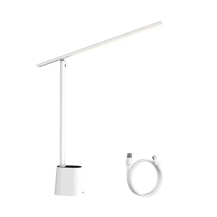 "Dimmable grey and white LED desk lamp with 180° rotation and foldable design for home or office use."