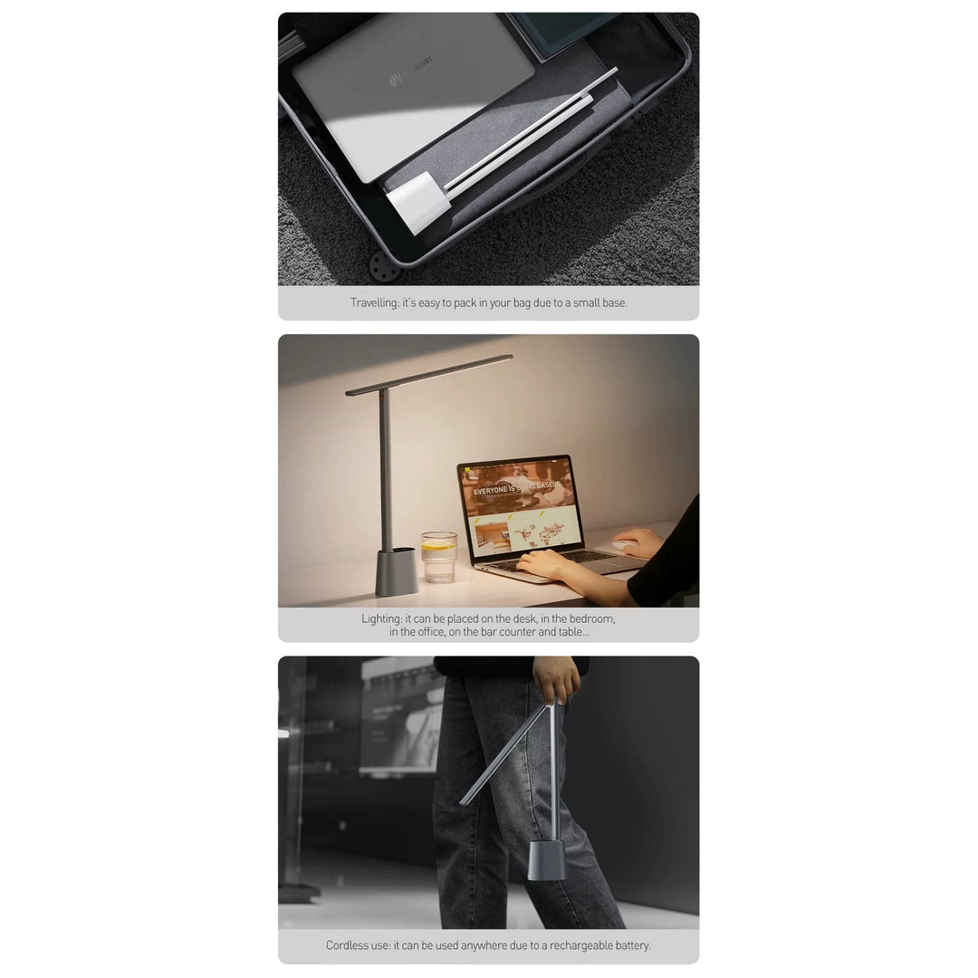 "Dimmable grey and white LED desk lamp with 180° rotation and foldable design for home or office use."
