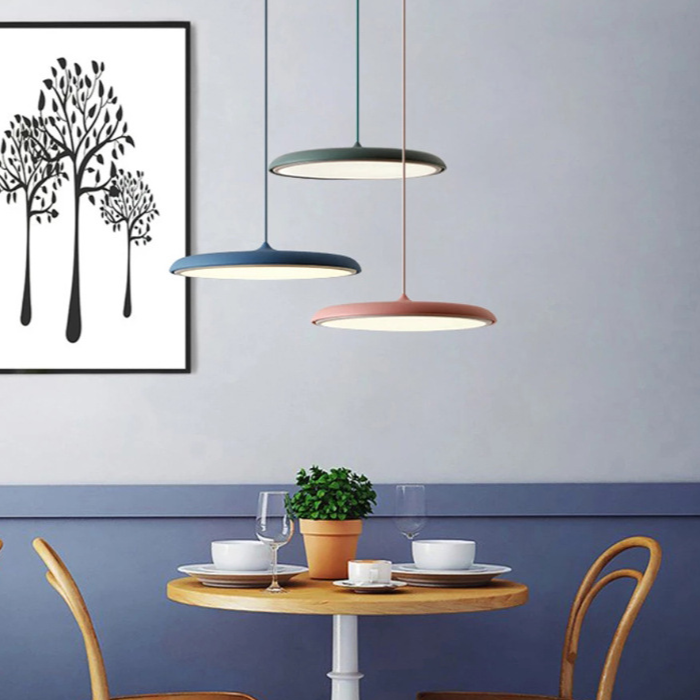 "Disc-shaped Scandinavian pendant light with LED, metal & acrylic materials, in elegant minimalist design for modern décor."