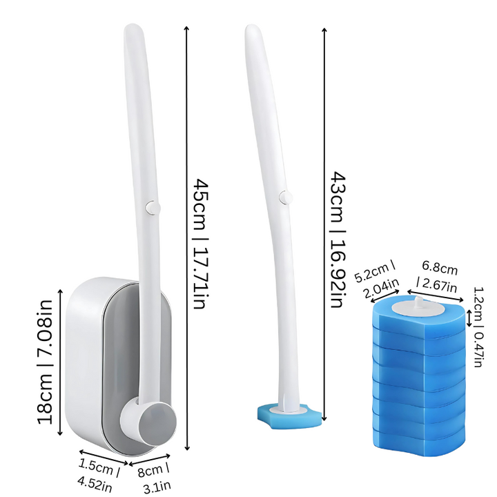 "Disposable ergonomic toilet brush with detachable head, featuring a sleek handle and pre-loaded cleaning sponge."