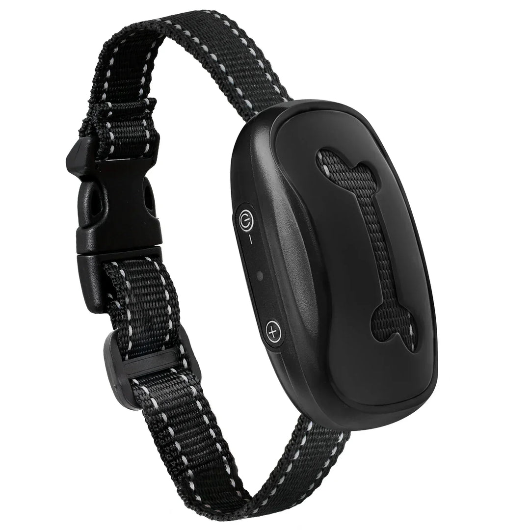 "Dog anti-bark collar with adjustable strap, featuring smart chip, beep, and vibration modes in sleek design, for all dog siz