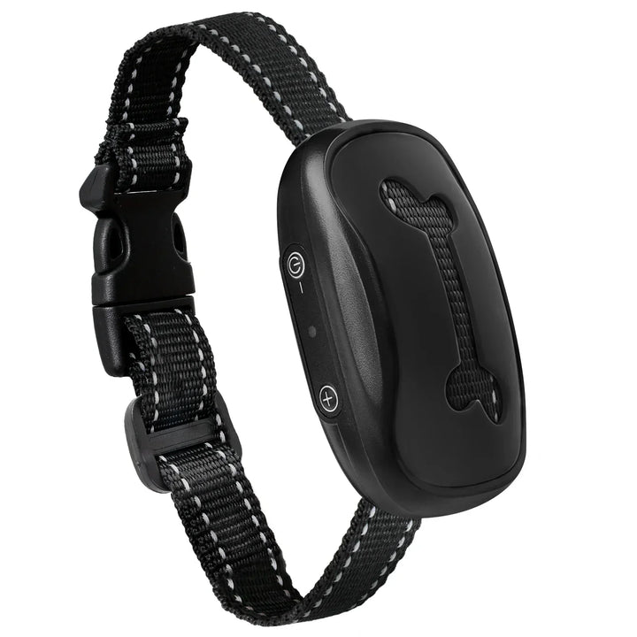 "Dog anti-bark collar with adjustable strap, featuring smart chip, beep, and vibration modes in sleek design, for all dog siz