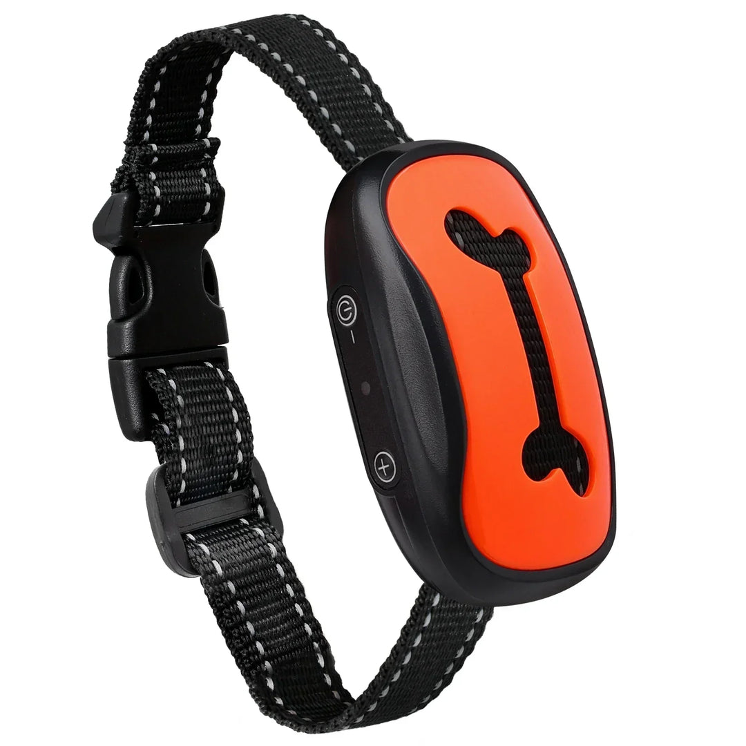 "Dog anti-bark collar with adjustable strap, featuring smart chip, beep, and vibration modes in sleek design, for all dog siz