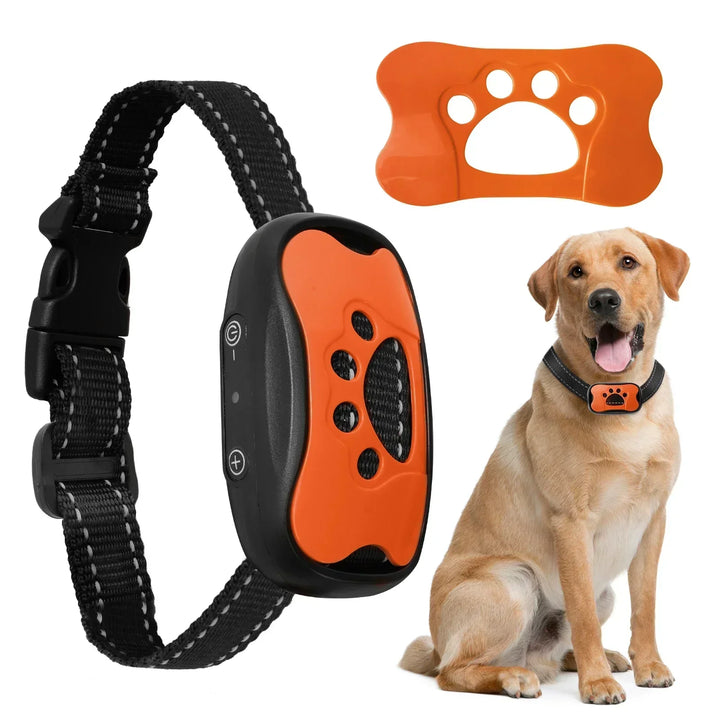"Dog anti-bark collar with adjustable strap, featuring smart chip, beep, and vibration modes in sleek design, for all dog siz