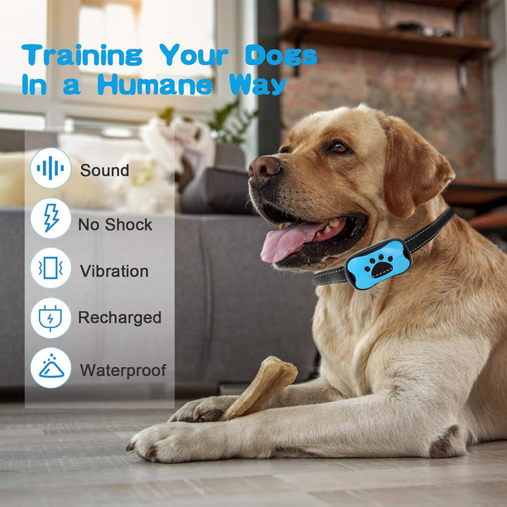"Dog anti-bark collar with adjustable strap, featuring smart chip, beep, and vibration modes in sleek design, for all dog siz