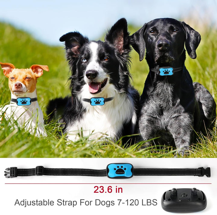 "Dog anti-bark collar with adjustable strap, featuring smart chip, beep, and vibration modes in sleek design, for all dog siz