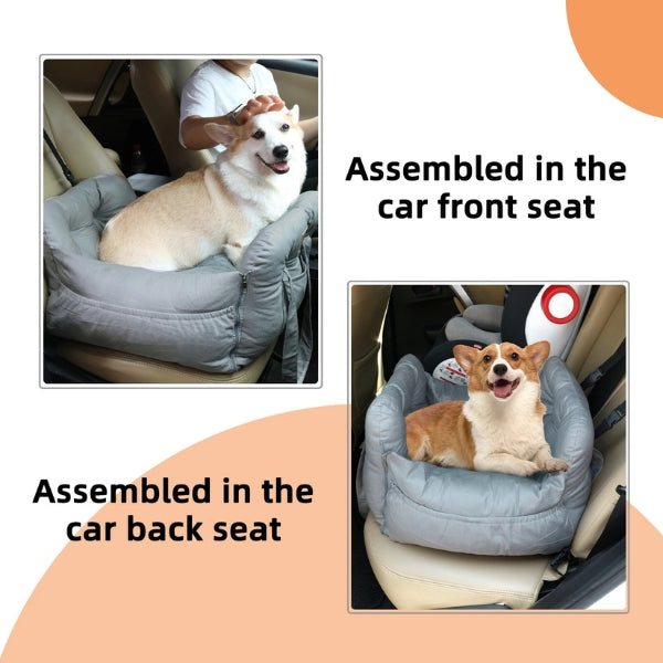 Dog car seat bed for pets with safety harness, waterproof fabric, dual-use for travel or home, gray, small to medium sizes.