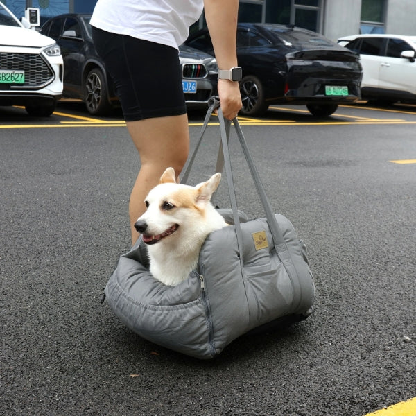 Dog car seat bed for pets with safety harness, waterproof fabric, dual-use for travel or home, gray, small to medium sizes.