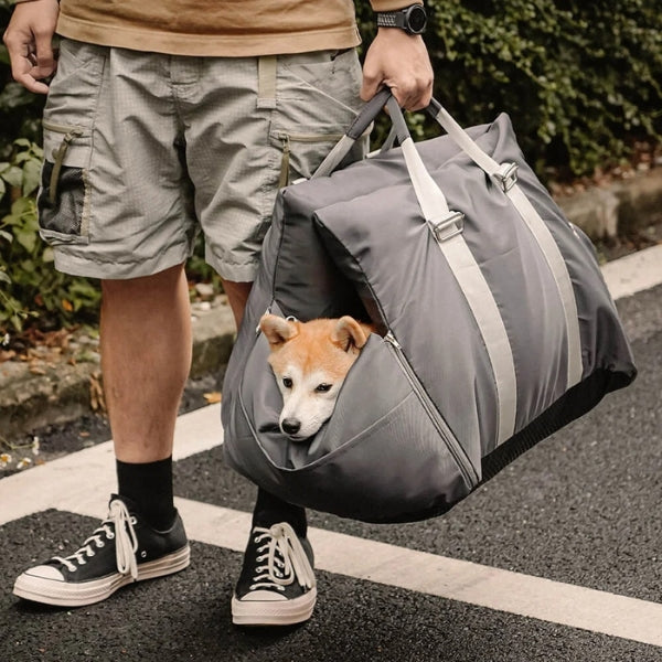 Dog car seat bed for pets with safety harness, waterproof fabric, dual-use for travel or home, gray, small to medium sizes.