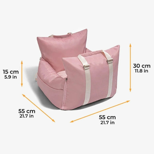 Dog car seat bed for pets with safety harness, waterproof fabric, dual-use for travel or home, gray, small to medium sizes.