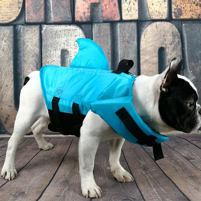 "Dog life jacket with shark fin, vibrant colors, adjustable straps, ensures pet safety and buoyancy in water adventures."
