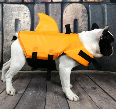 "Dog life jacket with shark fin, vibrant colors, adjustable straps, ensures pet safety and buoyancy in water adventures."