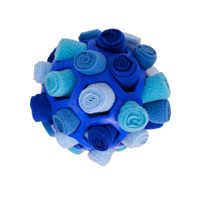 Dog's interactive snuffle treat ball in blue, green, and red, made of plush fleece and durable rubber for engaging playtime.