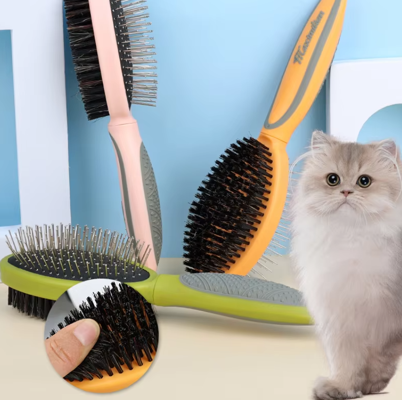 Double-sided pet brush with soft bristles and metal pins for grooming dogs and cats, ensuring a shiny, healthy coat.