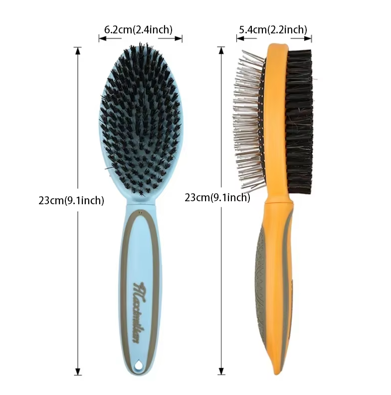 Double-sided pet brush with soft bristles and metal pins for grooming dogs and cats, ensuring a shiny, healthy coat.