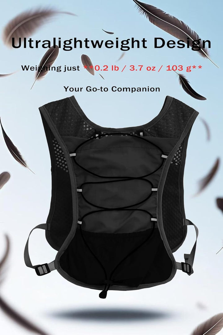Trail running gear: ultra-light hydration vest, 2L bladder, excellent for rugged terrain.