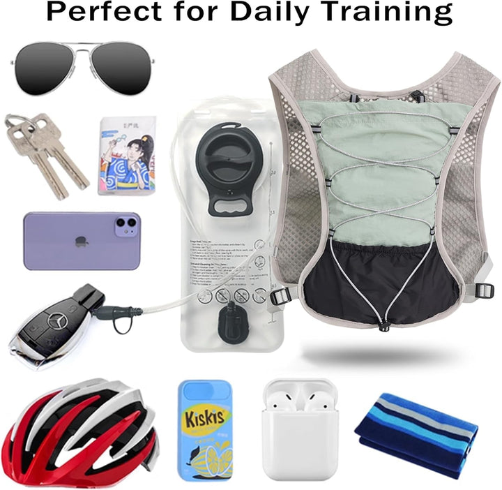 Hiking hydration equipment: 2L water bladder vest, lightweight & durable.