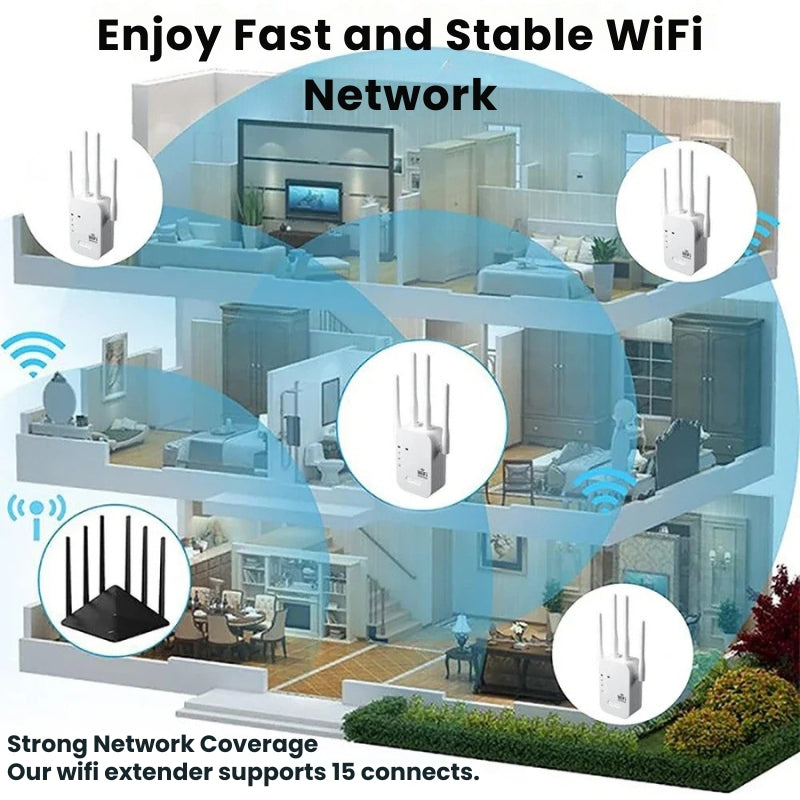 Dual-Band WiFi Range Booster, sleek design, enhances connectivity outdoors, ideal for offices with dual antennas and LED indi