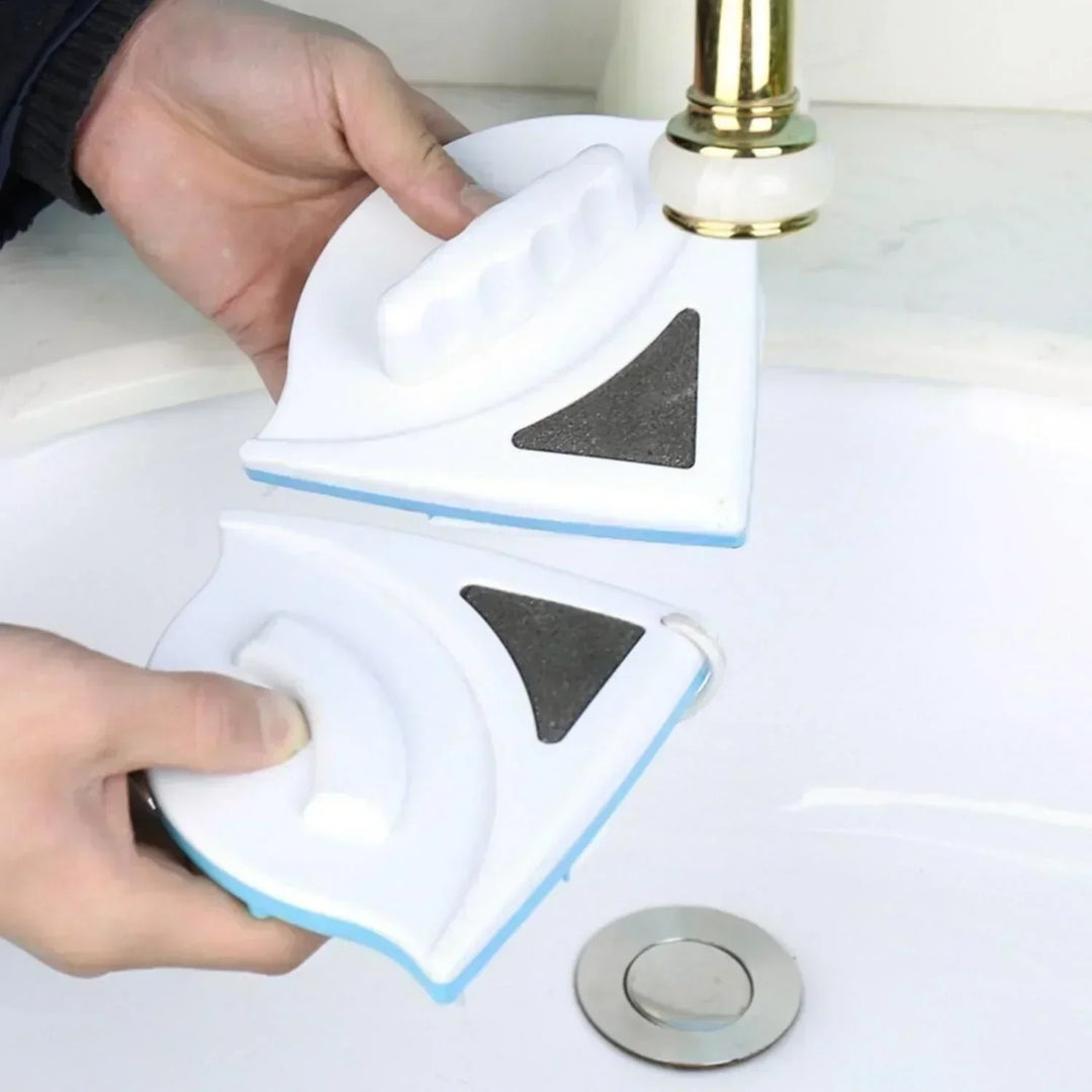 "Dual-sided magnetic window cleaner, blue and white with ergonomic grip, designed for streak-free glass cleaning, indoors and