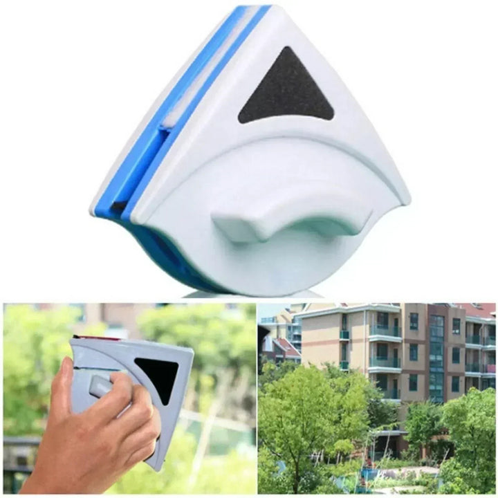 "Dual-sided magnetic window cleaner, blue and white with ergonomic grip, designed for streak-free glass cleaning, indoors and