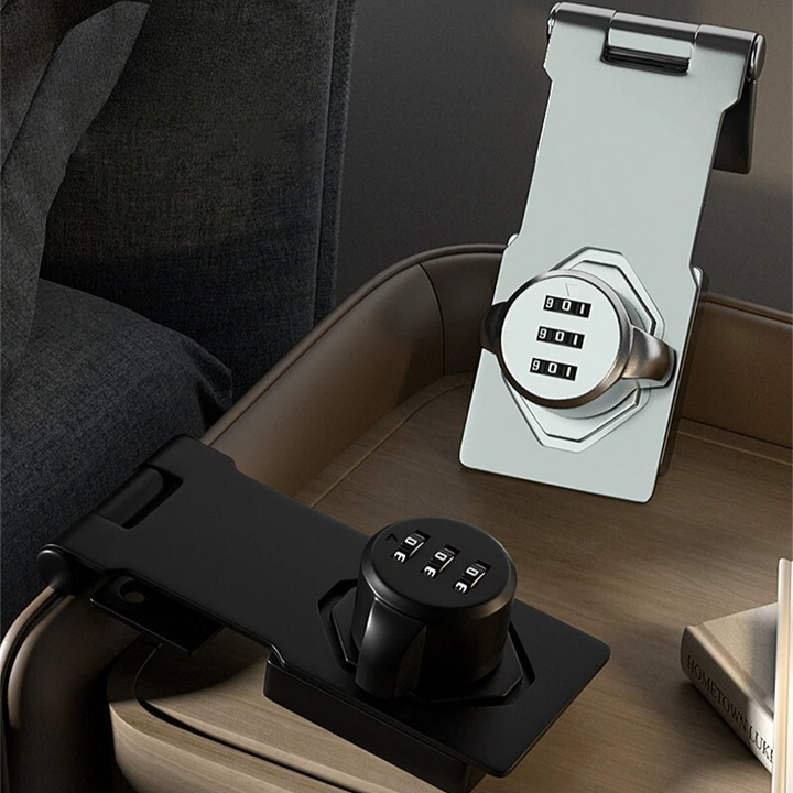 "Durable keyless cabinet lock in black, silver. Zinc alloy, modern design. For secure, keyless home protection."