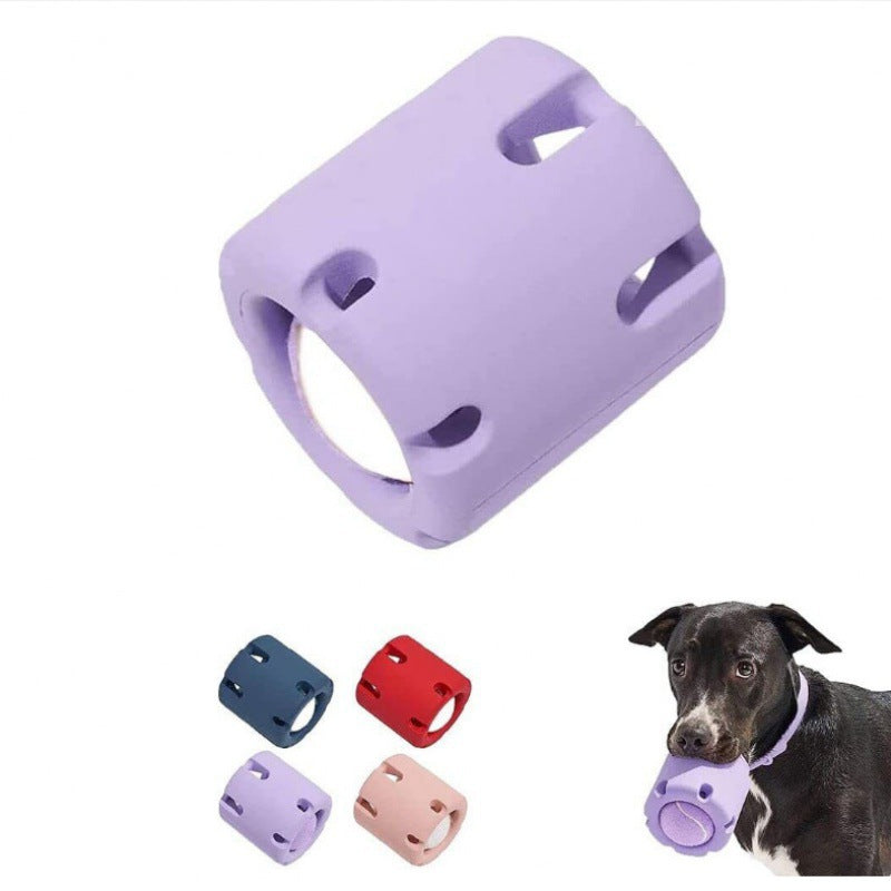 "Durable rubber dog chew toy with hidden tennis ball, designed for interactive play, available in vibrant colours."