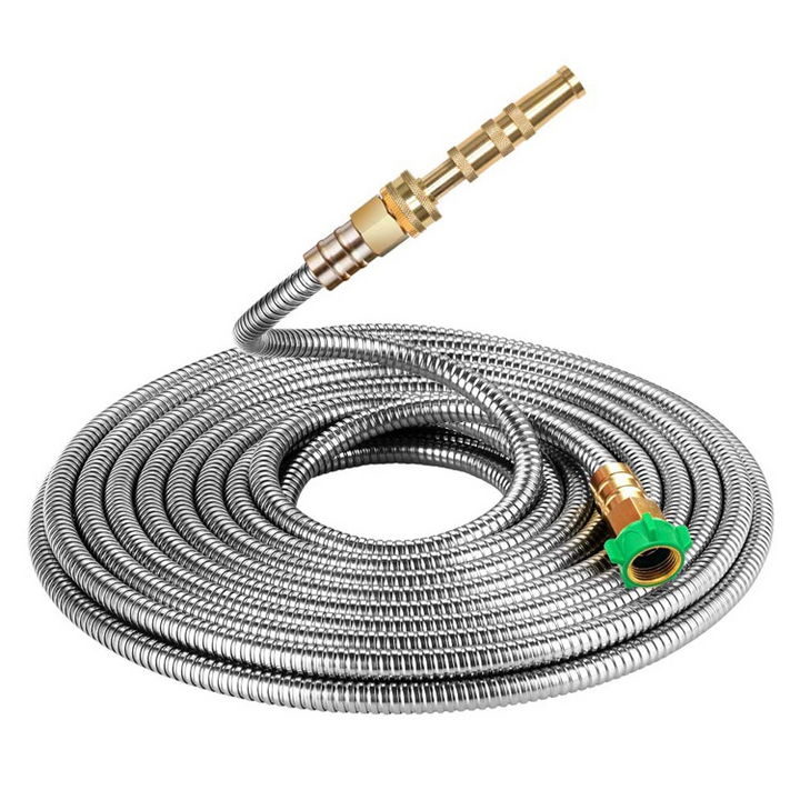 Durable stainless steel garden hose, kink-proof, flexible; features brass fittings for leak-proof performance, ideal for all 