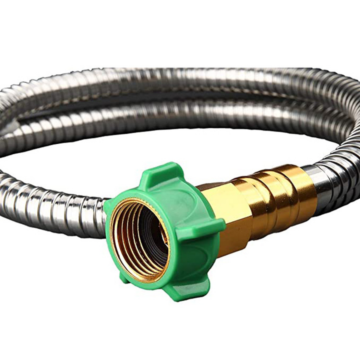 Durable stainless steel garden hose, kink-proof, flexible; features brass fittings for leak-proof performance, ideal for all 