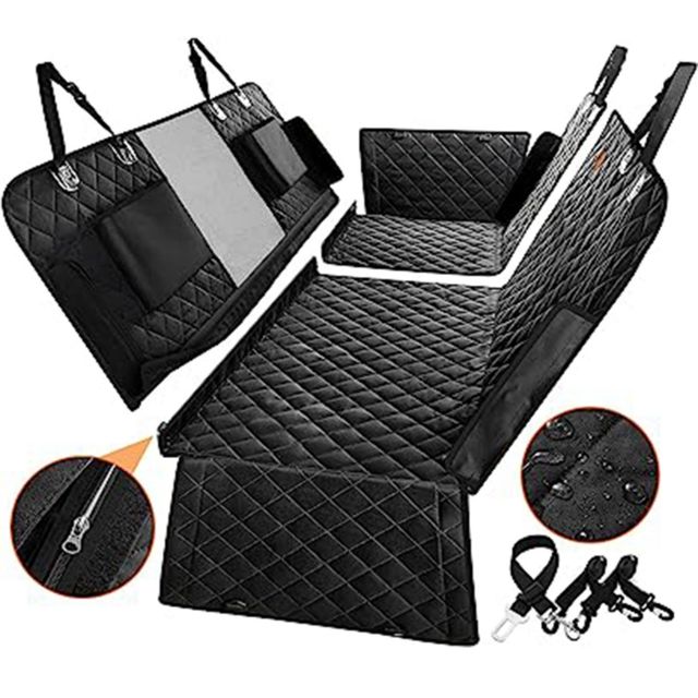 Durable waterproof dog car backseat cover hammock in black, protecting car seats. Perfect for pet supplies and travel.