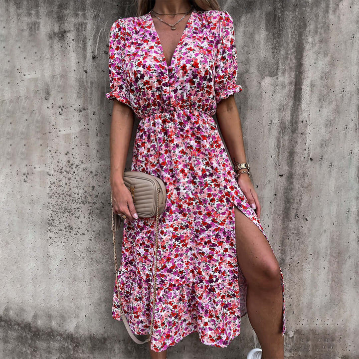 Floral V-Neck Puff Sleeve Midi Dress