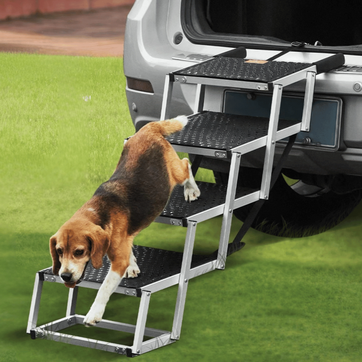 "Easy-Hop folding dog car steps with slip-resistant surface, adjustable height, and durable aluminum frame for pet safety."